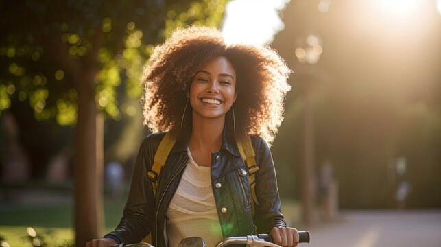 Hipster smiling black woman confident as she is commuting riding her bicycle