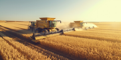 Obraz premium Large powerful rural tractor advancing through wheat plantations for high productivity harvest. Generative AI.