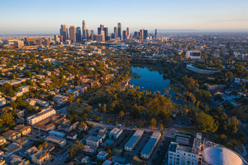 Downtown Los Angeles City Skyline with sunset and lake
