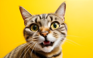 Expressive tabby cat with a comical surprised expression, highlighting its mesmerizing green eyes on a sunny hue.