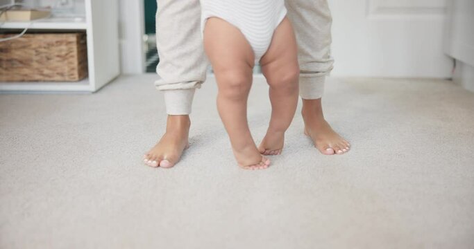 Legs, baby learning to walk with growth and development, parents and early childhood with motor skills. Family, support and first steps with trust, progress and balance with milestone and feet