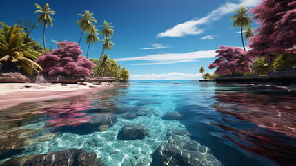 Fototapeta na wymiar a tropical island with palm trees in the blue ocean with sparkling water 