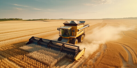 Large powerful rural tractor advancing through wheat plantations for high productivity harvest. Generative AI.