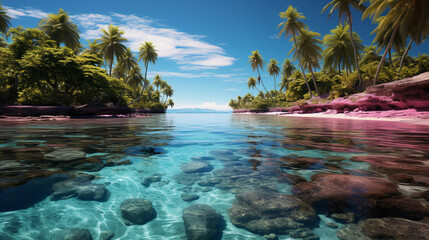 a tropical island with palm trees in the blue ocean with sparkling water

