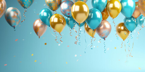 birthday party balloons with confetti and cake on light - Generative AI - obrazy, fototapety, plakaty