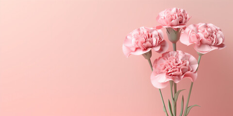 Carnation bouquet on pastel pink background with copy space - Generative AI