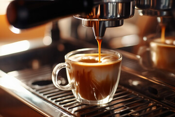 Fototapeta premium Close-up of espresso pouring from coffee machine. - Generative AI