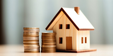 House and stack of coins with white background. Home savings concept. - Generative AI
