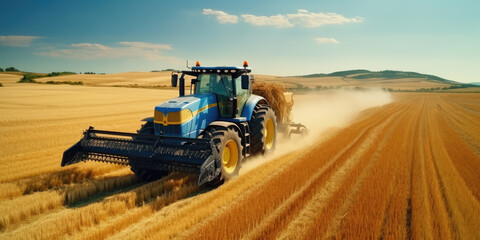 Fototapeta premium Large powerful rural tractor advancing through wheat plantations for high productivity harvest. Generative AI.