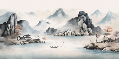 korea style ink painting with mountains and lake - Generative AI