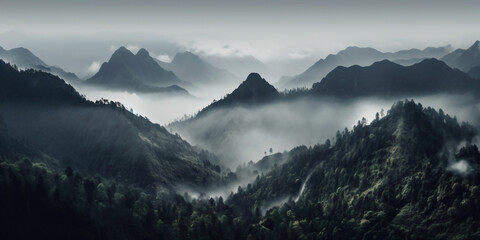 Fototapeta na wymiar mountains in the fog - Generative AI