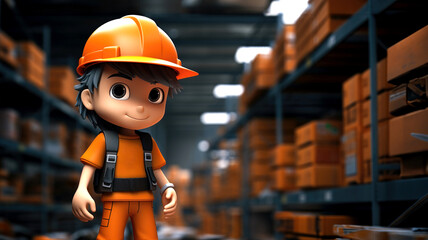 Fototapeta na wymiar 3D creative portrayal of a character dressed as a worker, donning safety attire, showcasing attention to detail and playful representation of occupational safety in a visually captivating composition