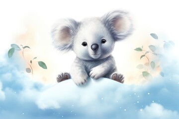Cute little koala gracefully rests on a cloud. Adorable cartoon design with a white background, perfect for children greeting cards. Concept of cuteness and childhood.