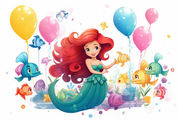 Obraz na płótnie Canvas Adorable and cute little mermaid interacting with marine life cartoon characters