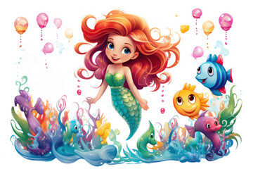 Adorable and cute little mermaid interacting with marine life cartoon characters © Postproduction