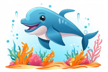 Obraz na płótnie Canvas Cute cartoon illustration of a smiling dolphin swimming among vibrant coral reefs and colorful sea plants