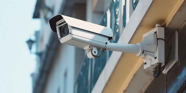 Security camera on modern building. Professional surveillance - Generative AI