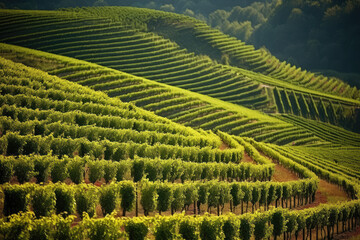 Green field with rows of vines for harvesting. Ripe grapes for the production of fine wines. Generative AI.