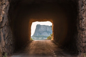 Mount Rushmore in South Dakota through a tunnel
