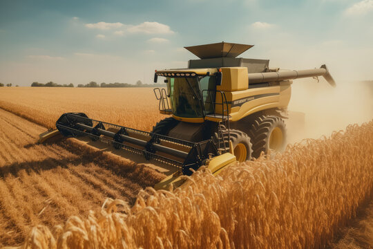 Large powerful rural tractor advancing through wheat plantations for high productivity harvest. Generative AI.