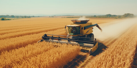 Fototapeta premium Large powerful rural tractor advancing through wheat plantations for high productivity harvest. Generative AI.