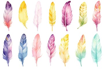 Hand drawn watercolor feathers in various vibrant colors