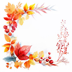 Whimsical Fall Magic: Watercolor Leaves and Floral Border Isolated on White Background - Generative AI