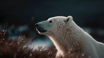 Obraz na płótnie Canvas beautiful bear in its natural habitat. Close up of a white bear in nature. Post-processed generative AI