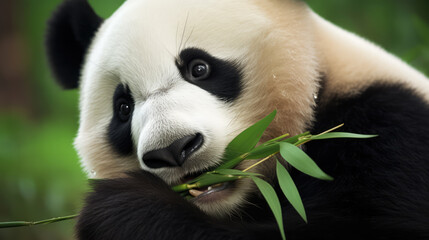 Naklejka premium beautiful panda bear in its natural habitat eating bamboo. Post-processed generative AI