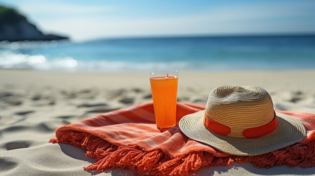 Orange drink, beach background.