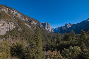 Yosemite National Park Valley with El Capitan and Half Dome with waterfalls