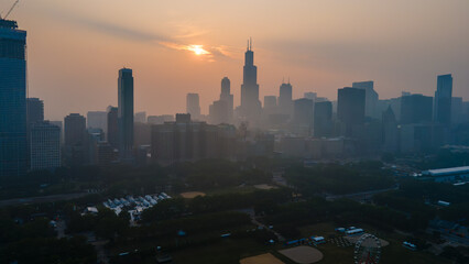 aerial drone view of the of Chicago  during a time when the pollution levels in the air are toxic...