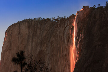 The horsetail waterfall in Yosemite National Park in California as the Fire Fall during winter