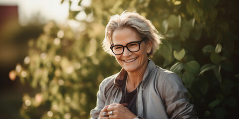  Soft light and soft focus of  55 years old . healthy woman. she's running outside on sunny day. .she's  smiling in Sport wear, smart watch.  and wearing glasses. GenerativeAi