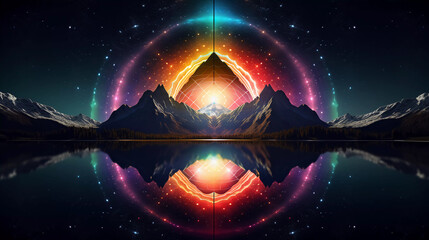 Abstract neon background with geometric circle shape, Beautiful frame and extraterrestrial landscape under the night sky and Rocks. Futuristic minimalist wallpaper. Created with Generative AI.