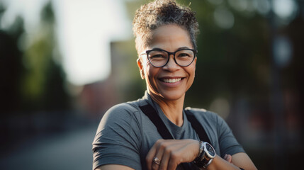 Fototapeta generativeAi. Africa woman. she's running outside on sunny day.  solf light and bokeh style. she's 55 year old, beautiful eyes and healthy. she's smiling in Sport wear, smart watch and sunglasses. obraz