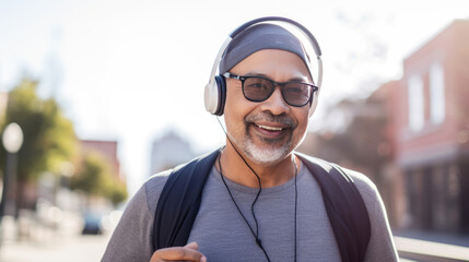 Soft focus of  Africa mixed man. he's running outside on sunny day.  solf light and bokeh style. he's 55 year old, beautiful eyes, healthy women smiling . smart watch and sunglasses. generativeAI