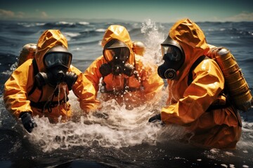 A group of scientists in hazmat suits investigating the radioactive fallout from a nuclear bomb explosion in the ocean