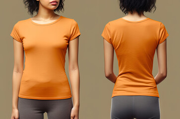 Photo realistic female orange t-shirts with copy space, front, and back view