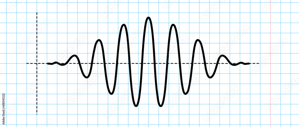 Aufkleber Sinusoid impulse signal on blue grid paper. Black curve sound wave on checkered paper. Voice or music audio concept. Pulse line in school notebook. Sine electronic radio graphic. Vector