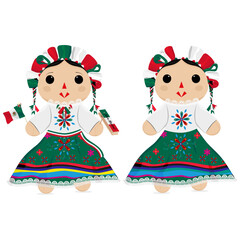 Mexican Rag doll with typical decorations of Independence Day, such as a flag, Matraca, and a mariachi bow. The patriotic Rag doll: A tribute to Mexico's Independence Day. Mexican Rag doll.