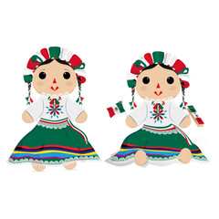 Illustration of a smiling Mexican rag doll, holding in her hands a Mexican flag and a Mexican Matraca, bright eyes and friendly posture reflect the festive spirit of Independence Day in Mexico.