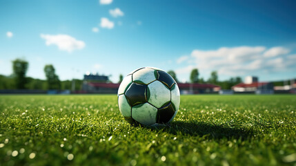 Fototapeta na wymiar Soccer football on the grass outside. created with generative AI technology.