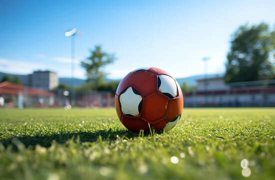 Soccer football on the grass outside. created with generative AI technology.