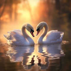 Compose a serene image of a pair of swans gracefully gliding across a glassy lake, their reflections mirroring their serene beauty