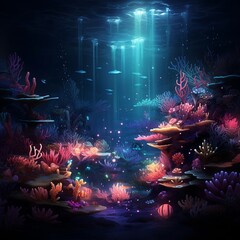 Compose a visually stunning image of a vibrant coral reef at night, with bioluminescent creatures illuminating the underwater world with an otherworldly glow