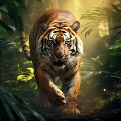 Create a visually striking image of a regal Bengal tiger prowling through a dense bamboo forest, its eyes gleaming with intensity and focus