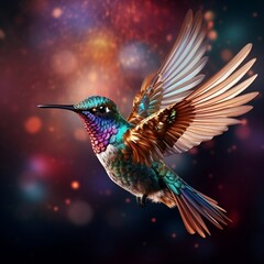 Obraz premium Create a vibrant and dynamic image of a hummingbird suspended mid-flight, its iridescent feathers shimmering in the sunlight