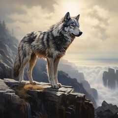 Create an evocative image of a lone wolf standing atop a windswept cliff, its piercing gaze fixated on the distant horizon, embodying both strength and solitude