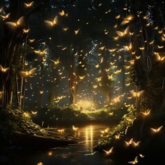 Illustrate the fascinating sight of a swarm of fireflies creating a mesmerizing light display in a serene woodland, their tiny bodies creating a symphony of twinkling lights